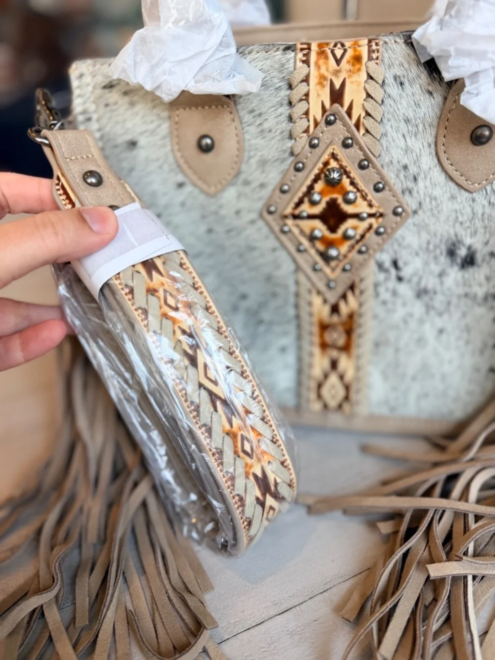 Trinity Ranch Hair On Cowhide Tote/Crossbody Khaki